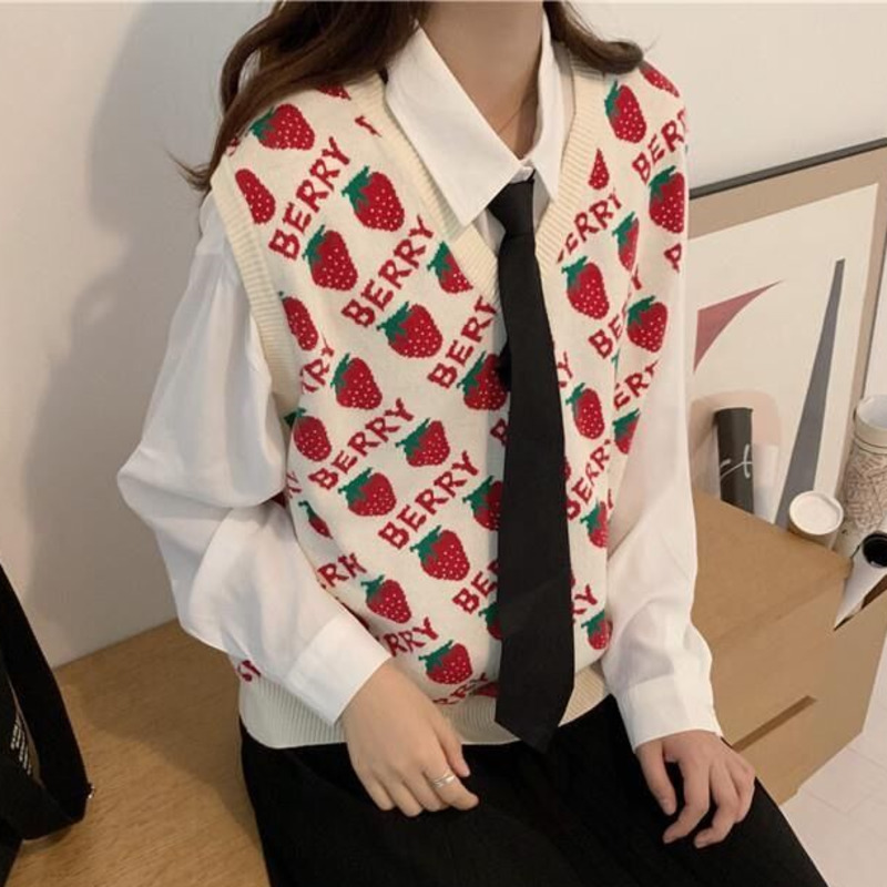 2020 Autumn Winter Sweet Women Sweaters Strawberries Print Long Pullovers Tops Loose Sueter Mujer Kawaii School Girls Knitwear alx