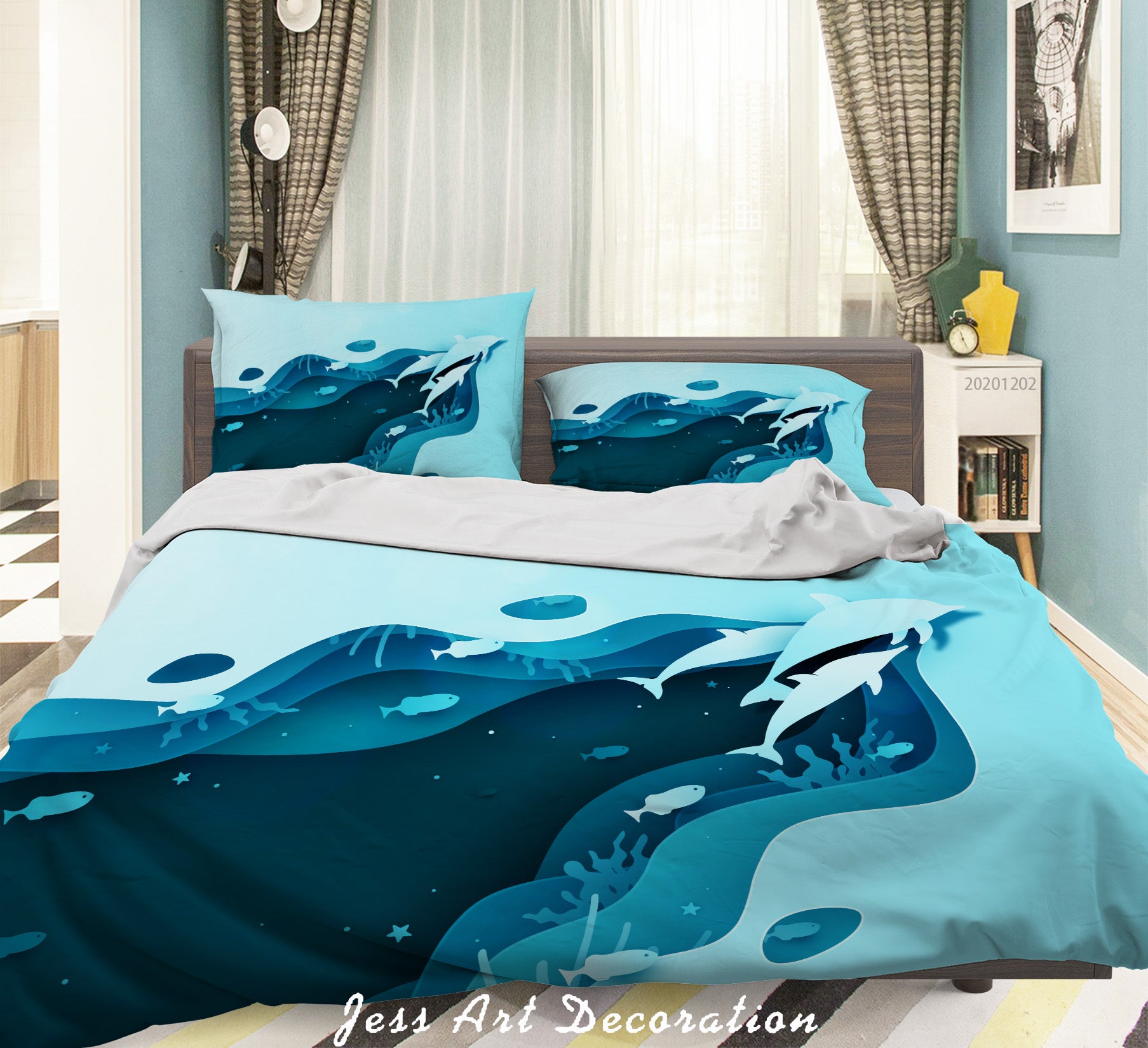 3D Cartoon Blue Ocean Dolphin Fish Seaweed Quilt Cover Set Bedding Set Duvet Cover Pillowcases Lxl