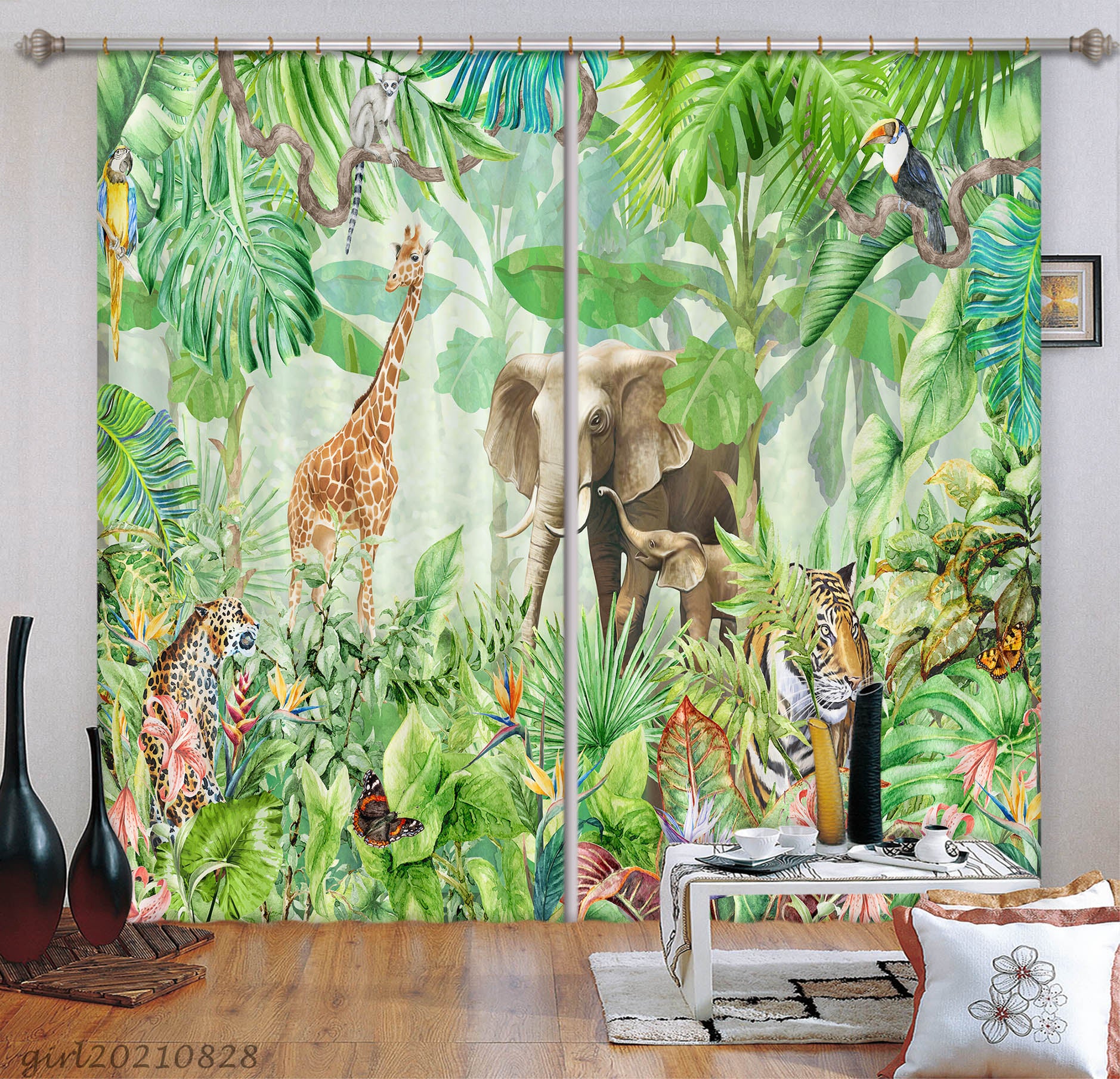 3D Tropical Forest Animal Elephant Giraffe Curtains And Drapes Lqh 72