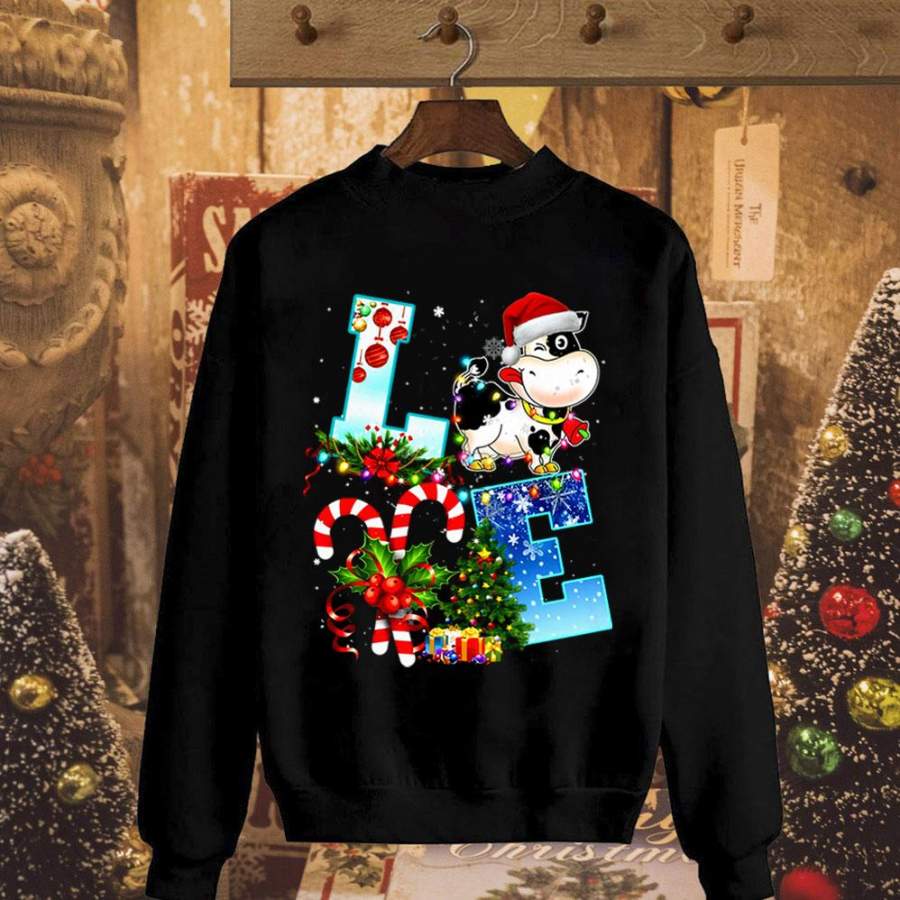 Cute cow love christmas candy cane lovers xmas tree gift ornament light funny happy time black sweatshirt for men and women S-5XL