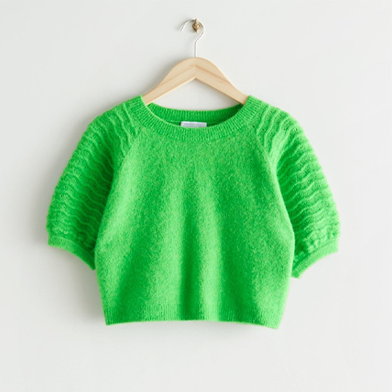 Spring Green Color Fashion Women Sweater Tees Short Puff Sleeves Hollow Out Lady Tops Clothes T-Shirt alx