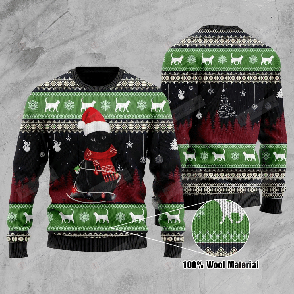 Black Cat Meowy Ugly Christmas Sweater, All Over Print Sweatshirt