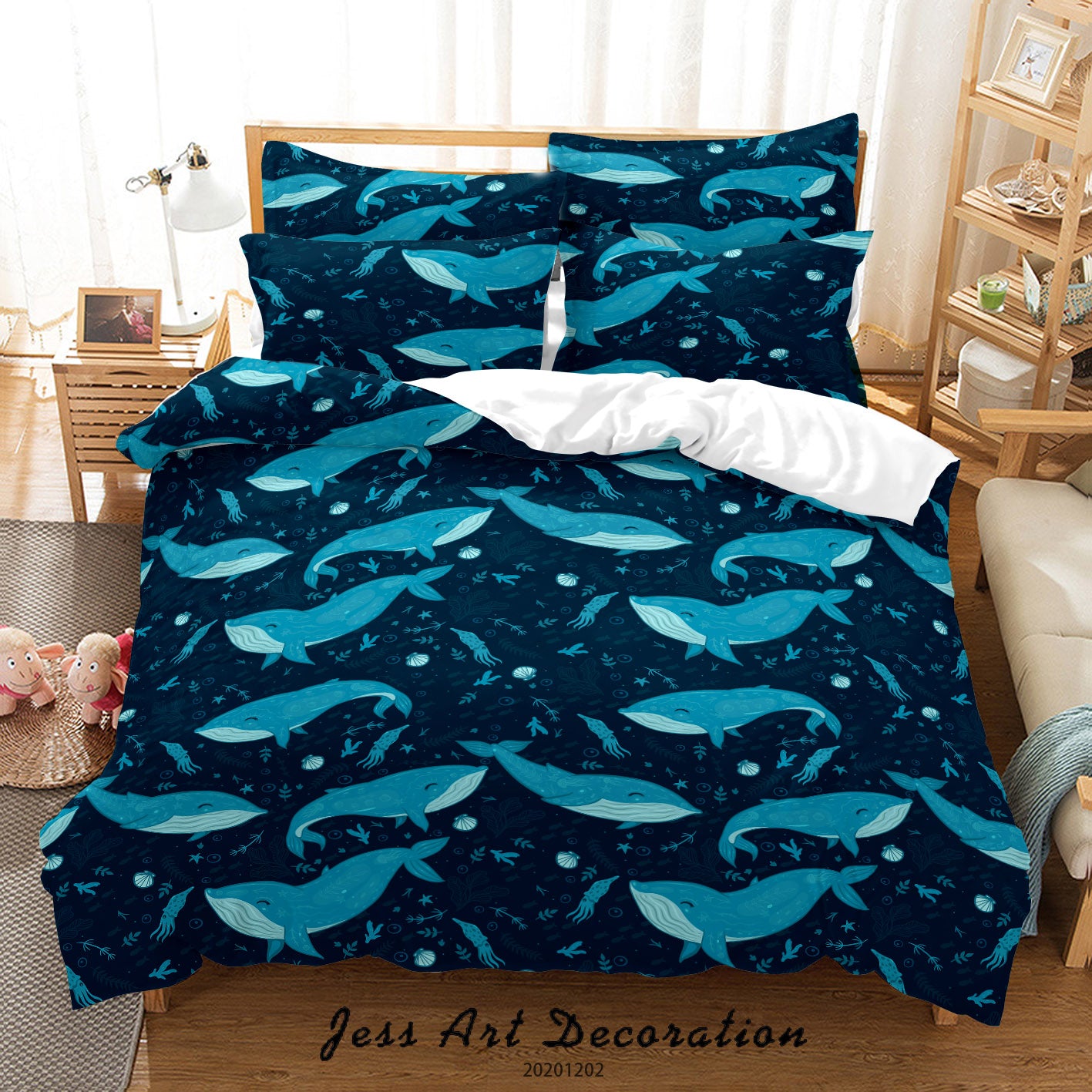 3D Hand Drawn Ocean Blue Whale Pattern Quilt Cover Set Bedding Set Duvet Cover Pillowcases Lxl