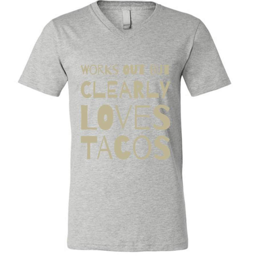 Works Out But Clearly Loves Tacos (color) – Canvas Unisex V-Neck Shirt