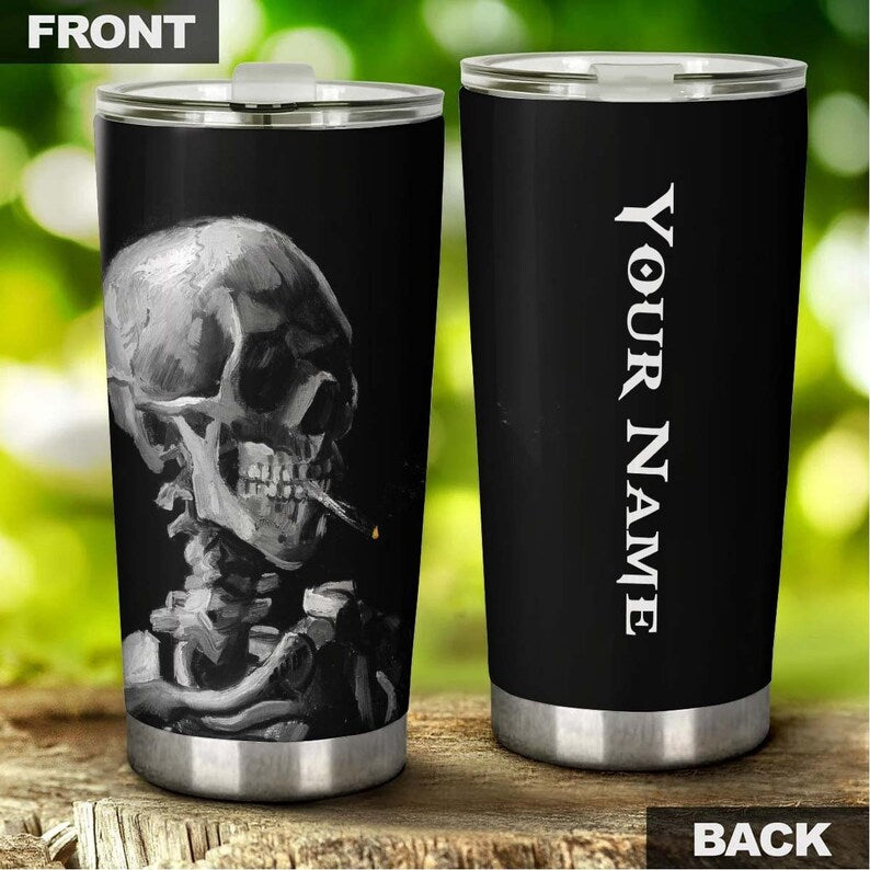 Skull Smoking Thinking About Life Personalized Tumbler-Skull Tumbler-Fancy Skull Birthday Gift Christmas Gift For Her For Him