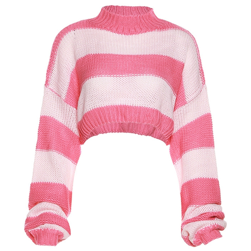 Women Fall Mock Neck Long Sleeve Cropped Sweater Knitted Pink Striped Jumper Top alx