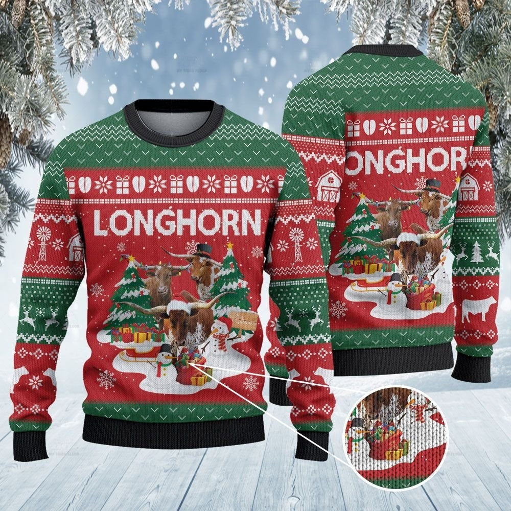 Tx Longhorn Cattle Lovers Christmas Tree Knitted Sweater Wool Sweater