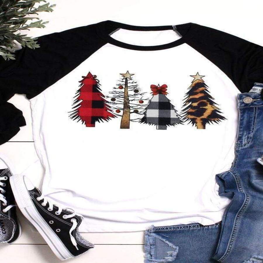 Leopard Christmas tree pattern print round neck cropped sleeve t-shirt