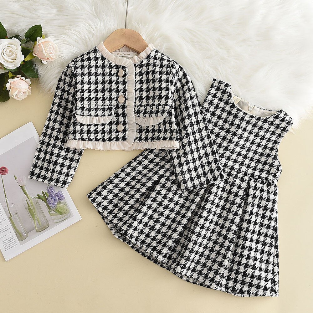 Autumn Winter Girls Clothes Patchwork Plaid Woolen Sets Korean Fashion Kids Jackets+Dress Two Piece Set alx