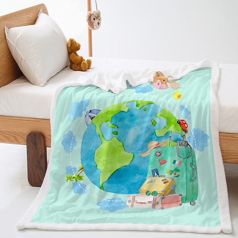 Cartoon Travel Around The Earth Printed Blanket Middle Earth Map Flannel Throw Blanket Bedding Lightweight Soft All Season alx