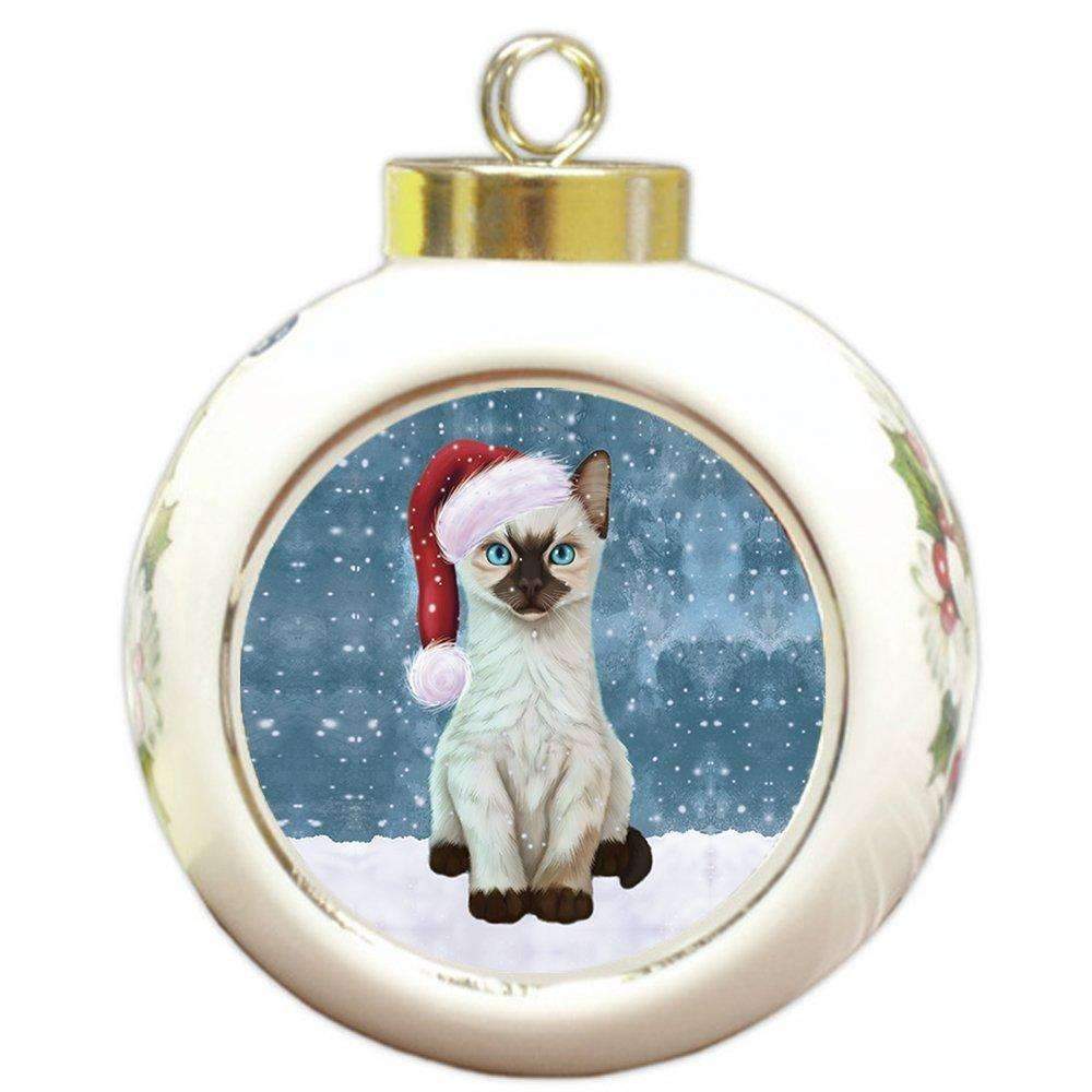 Let It Snow Christmas Holiday Siamese Kitten Cat Wearing Santa Hat Round Ball Ornament D239