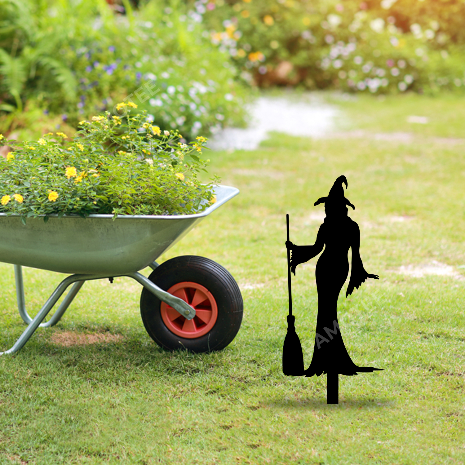 Witch And Broom Metal Garden Decoration, Halloween Steel Yard Stake