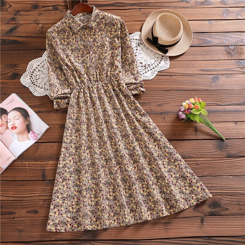 Spring autumn elegant mori girl sweet vestidos mujer new style long sleeve floral corduroy dress for women alx