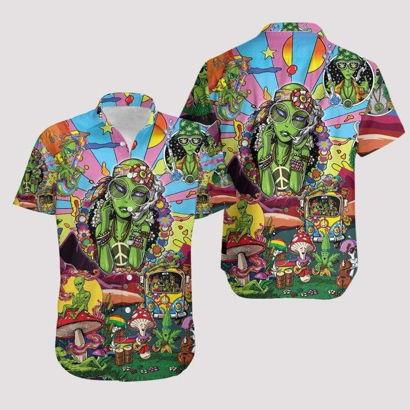 Alien Hippie Print Polyester Hawaii Aloha Shirts Ha17427