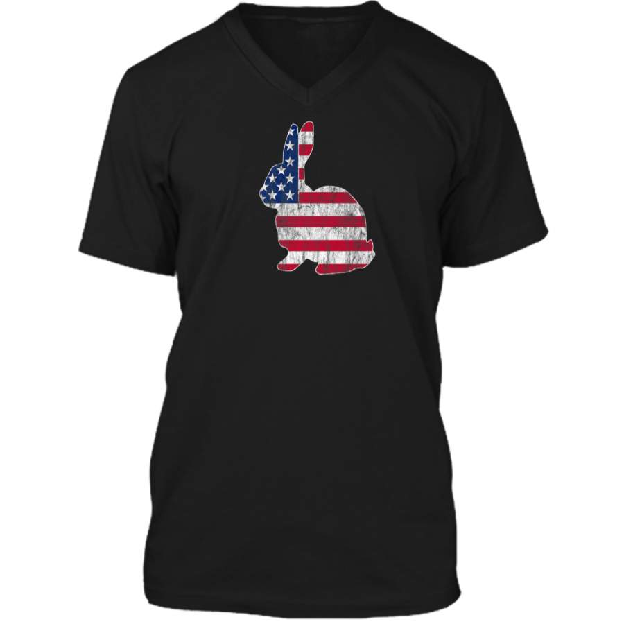 Bunny Rabbit American Flag Easter T-Shirt Mens Printed V-Neck T