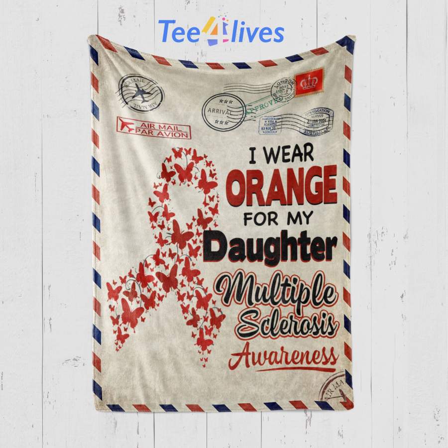 Custom Blanket Personalized Letter I Wear Orange For my Daughter Multiple Sclerosis Awareness Blanket