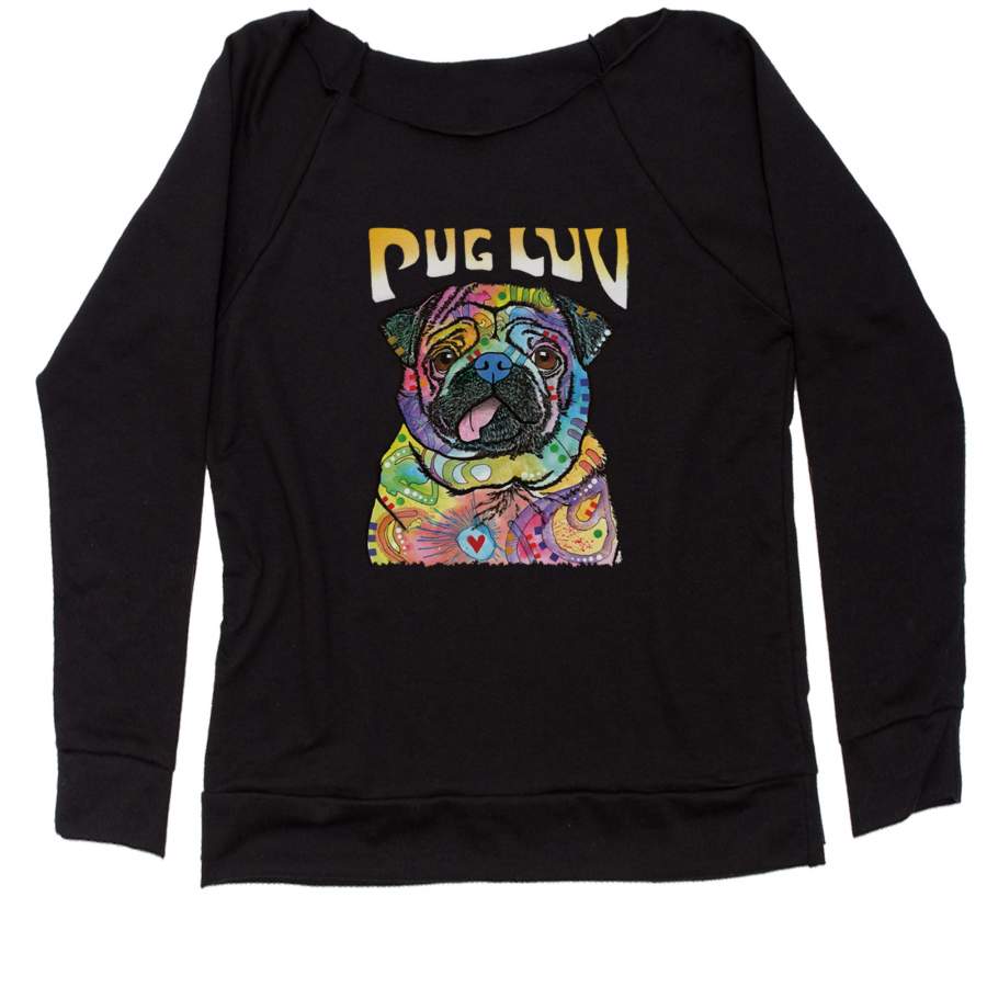 Pug Luv Puppy Love Neon Slouchy Off Shoulder Oversized Sweatshirt