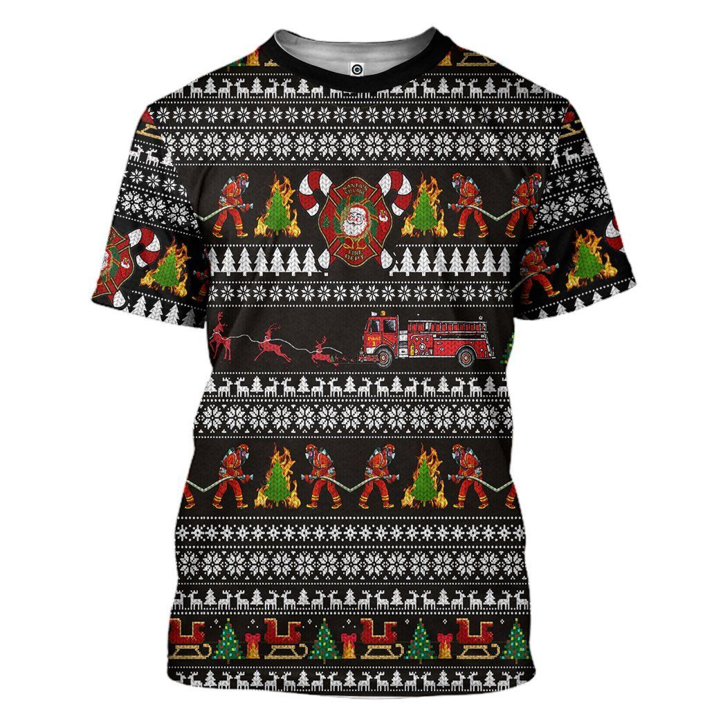 Casespring 3D Santa Village Firefighter Ugly Christmas Sweater Custom Tshirt Apparel