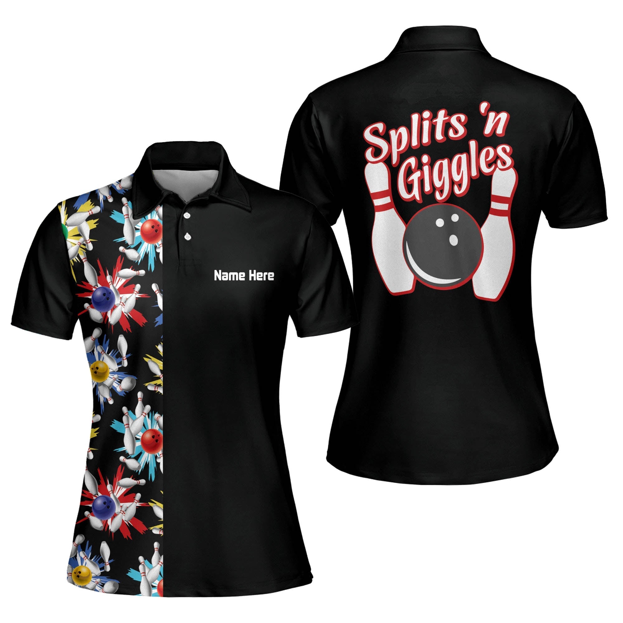 Personalized Splits ‘N Giggles Black Bowling Women Polo Shirt, Gift For Bowler