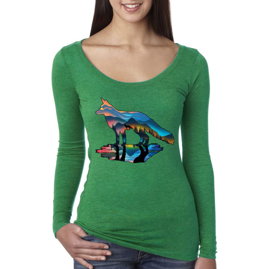 Trippy California Rainbow Neon Wolf Mountain Silhouette Animal Lover Womens Scoop Long Sleeve Top