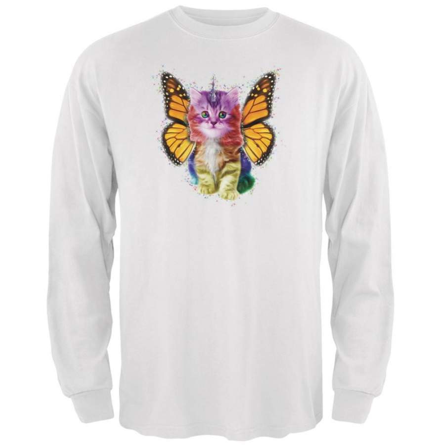 Rainbow Butterfly Unicorn Kitten White Adult Long Sleeve T-Shirt