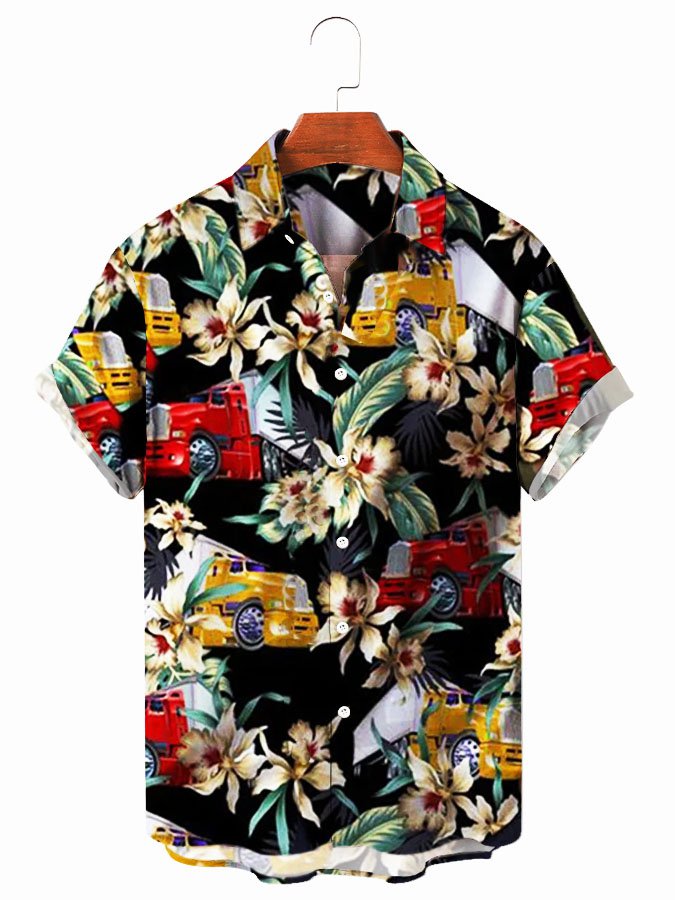 Mens Hawaii Shirt Black Holiday Flowers Truck Plant Shirts Ha73228