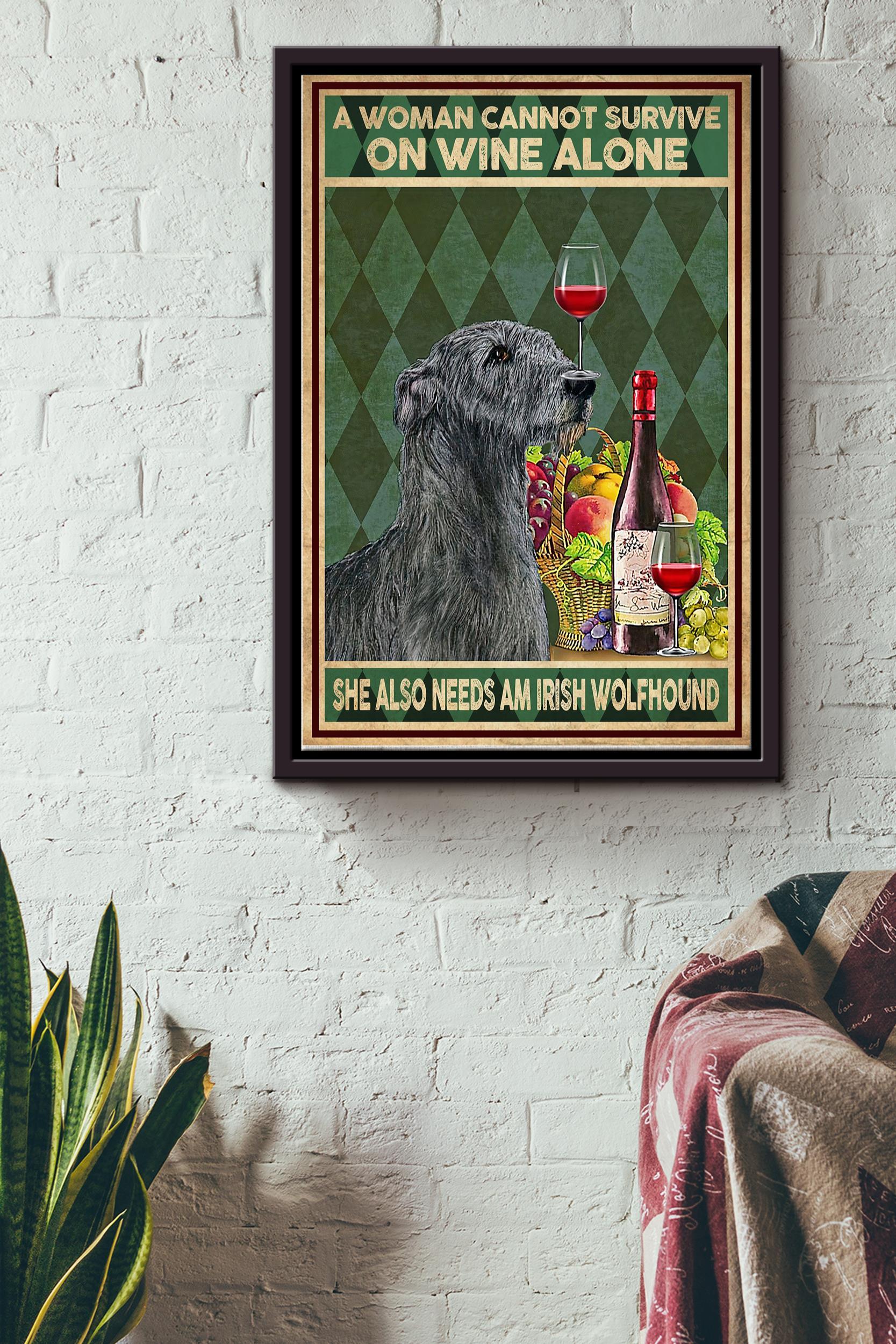 A Woman Cannot Survive On Wine Alone She Also Needs Am Irish Wolfhound Poster – Animals Wall Art – Gift For Dog Lovers Wine Addictors Home Decor Pub Decor Framed Matte Canvas