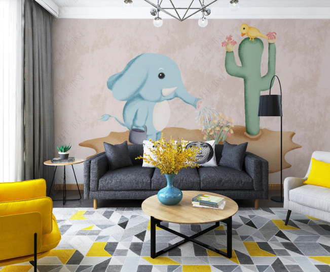 3D Hand Drawn Cartoon Animal Elephant Bird Cactus Floral Kids Wall Mural Wallpaper Lll 2697