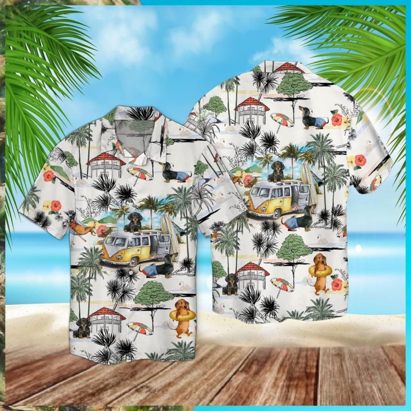 Dachshund Beach Retro Hawaii Graphic Print Short Sleeve Hawaii Casual Shirt Ha39188