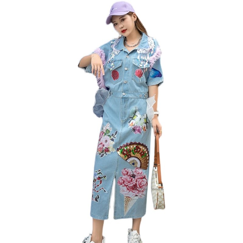 Summer Vintage Denim Dress Women 2021 New Beads Floral Printed Short Sleeve Loose Plus Size Long Dresses Sexy Backless Vestidos alx