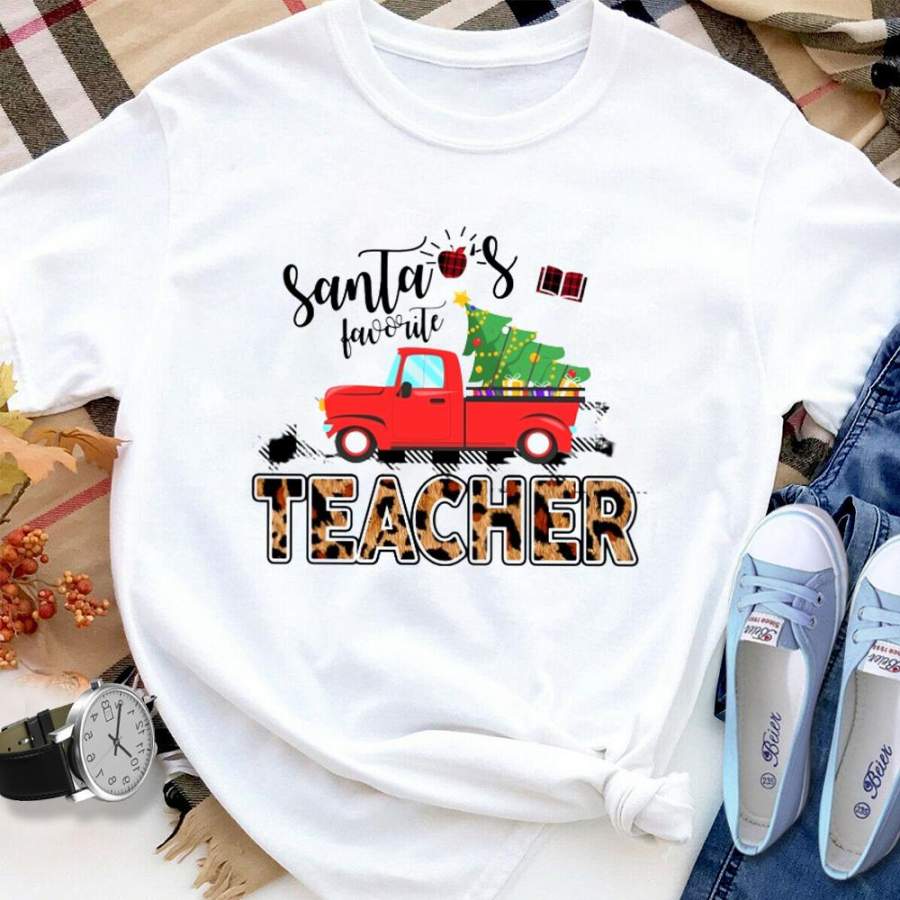 Teacher merry christmas santa’s favorite red truck xmas tree leopard plaid apple white cotton t shirt for men and women S-6XL