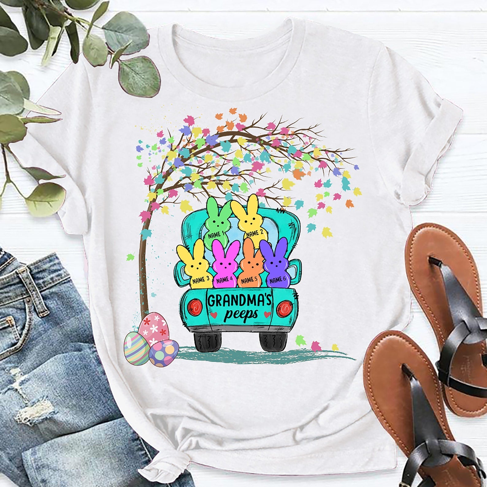 Personalized T-Shirt Grandma’S Peeps Cute Bunny Truck & Easter Egg Printed Custom Grandkids Name Easter Day Shirt