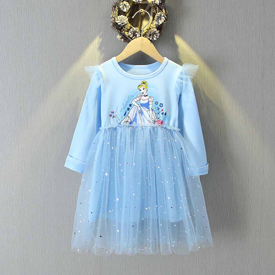 Spring Autumn Cotton Dress for 4-12 Yrs Girls 2021 Long Sleeve Cinderella Aurora Children Princess Dresses Girl Mesh Dress Xmas alx