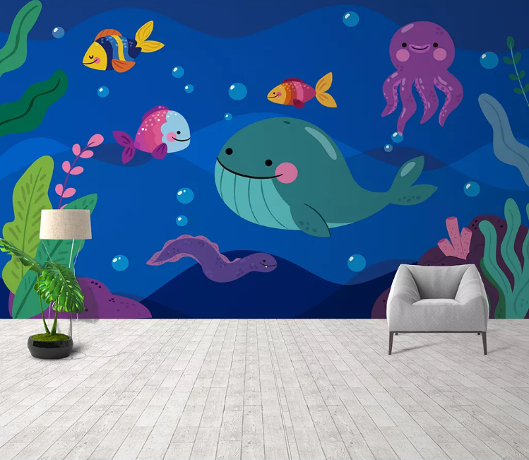 3D Blue Whale Octopus Fish Seabed Wall Mural Wallpaper Sf551