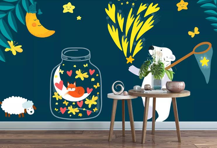 3D Cartoon Animal Bear Love Heart Leaf Wall Mural Wallpaper Lqh 466