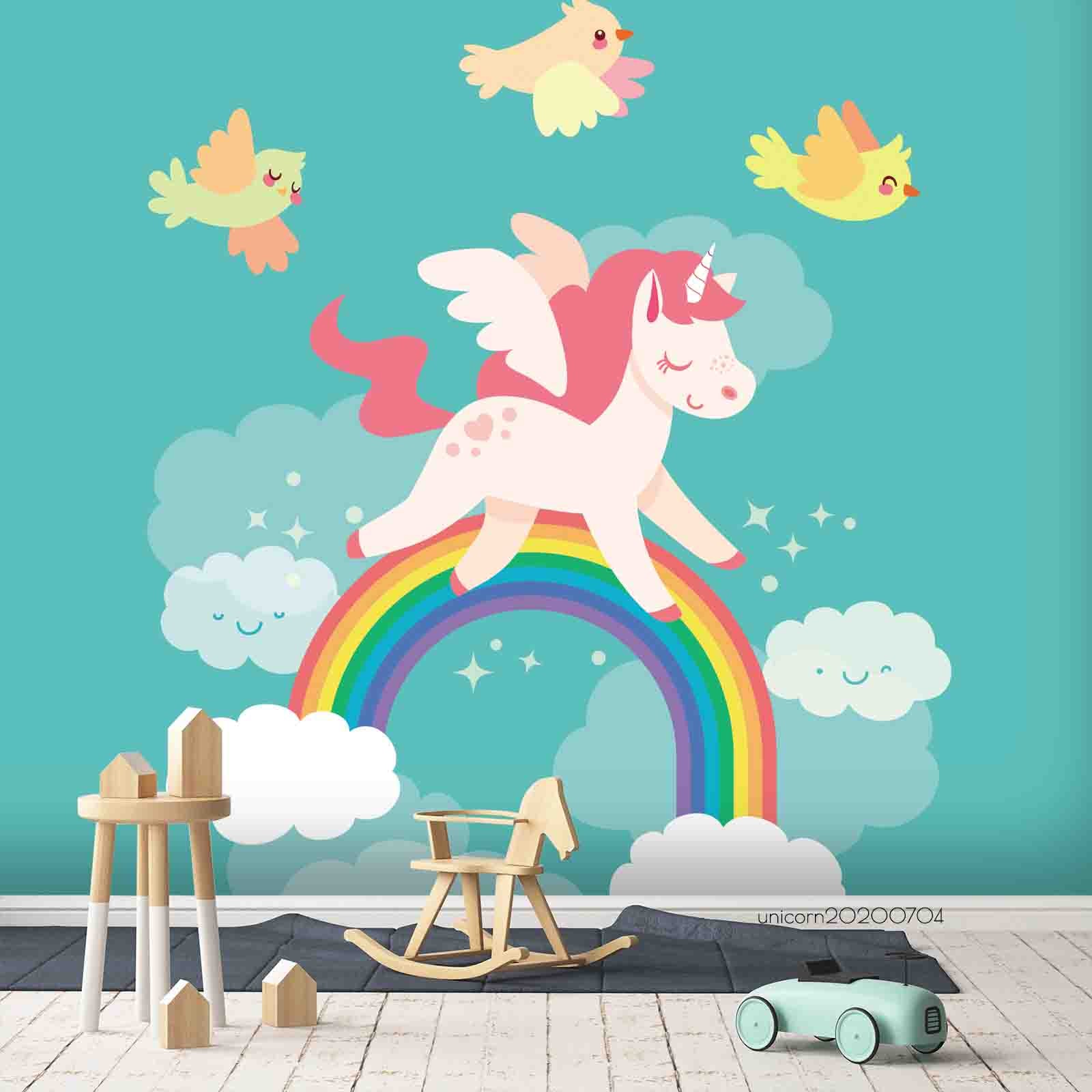 3D Cartoon Colorful Unicorn On The Rainbow Wall Mural Wallpaper Lxl 225