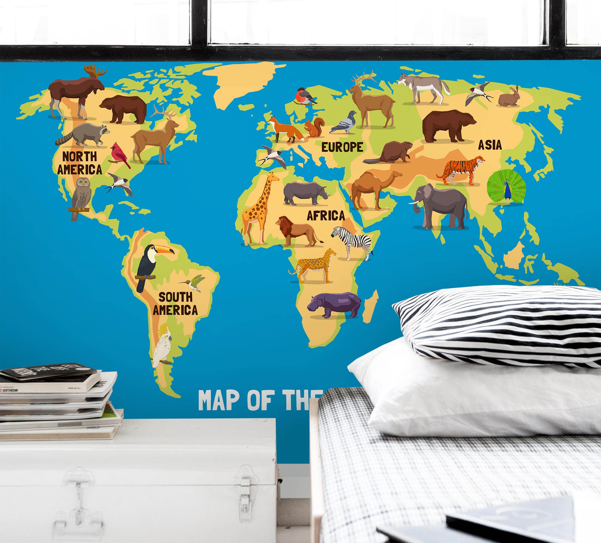 3D Blue World Animal Map Wall Mural Wallpaper Lqh 87