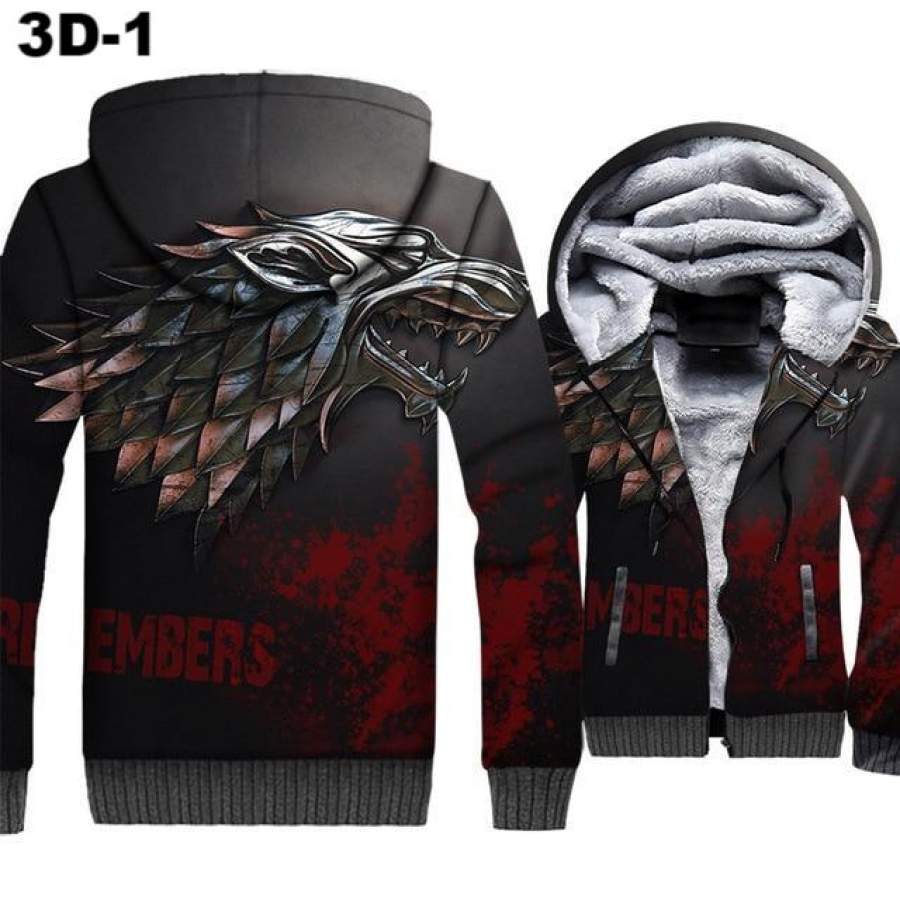 Game Of Thrones Thick Hoodies Winter Is Coming House Stark Wolf Print 3D Jackets Men 2018