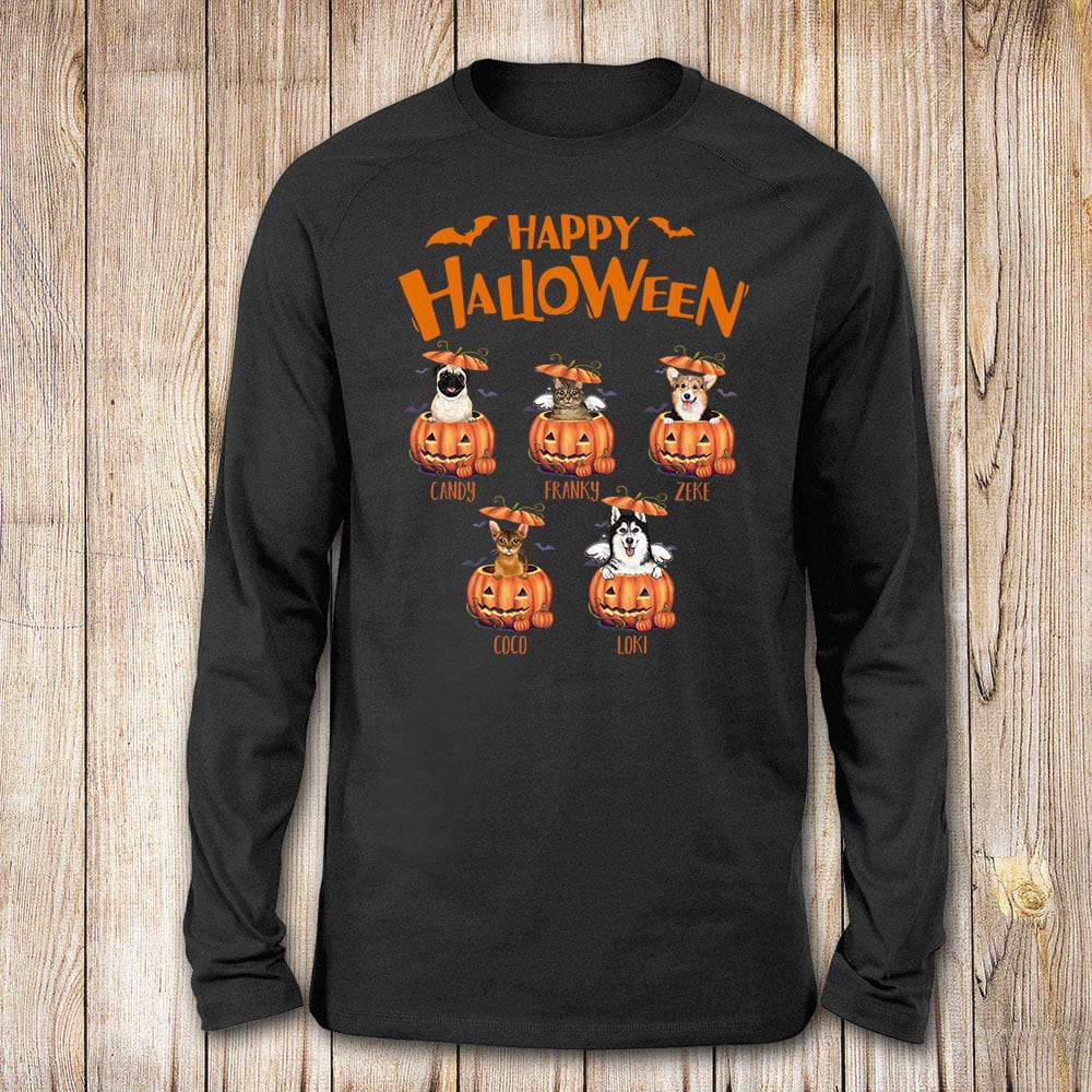 [Front Side] Personalized Halloween Long Sleeve Gifts For Dog Cat Lovers  – Dog Cat Pumpkin