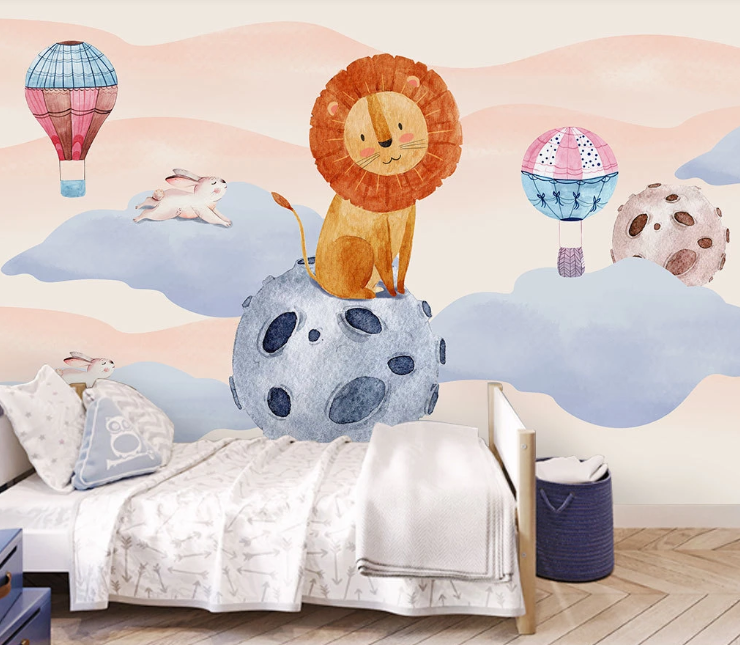 3D Cartoon Lion Hot Air Balloon Rabbit Ball Wall Mural Wallpaper Sf418