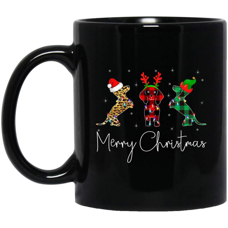 Dachshund Merry Christmas Leopard Plaid Funny Xmas Dog 11 oz 15 oz Mug Black