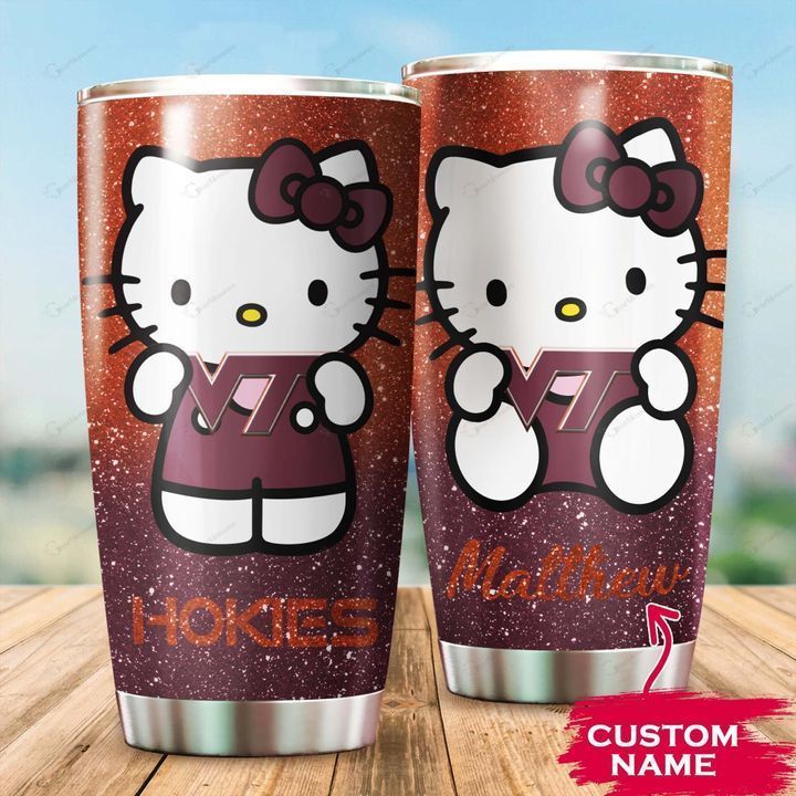 Virginia Tech Hokies Hello Kitty Custom Name Football 1234 Gift For Lover Day Travel Tumbler All Over Print Tl97