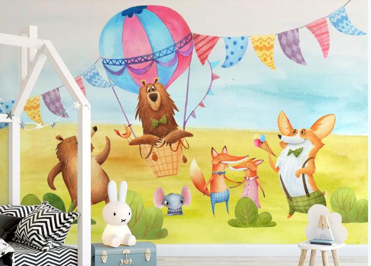 3D Hand Drawn Animals Hot Air Balloon Wall Mural Wallpaper Lqh 454