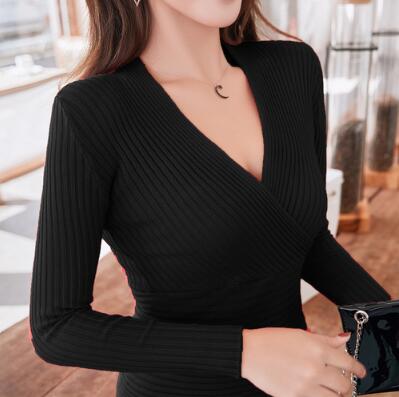 2022 New Sexy Deep V Neck Sweater Women’s Pullover Casual Slim Bottoming Sweaters Female Elastic Cotton Long Sleeve Tops Femme alx