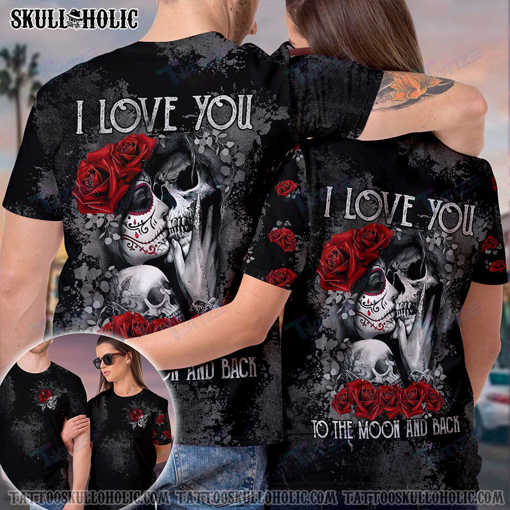 Matching Couple Shirt I Love You To The Moon And Back Skull Couple 3D All Over Printed Shirt, Sweatshirt, Hoodie, Bomber Jacket Size S – 5Xl