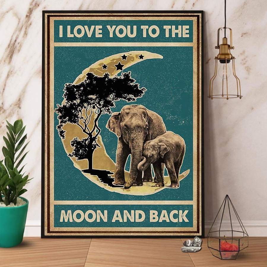 Retro teal elephant I love you to the moon and back paper poster no frame/ wrapped canvas wall decor full size