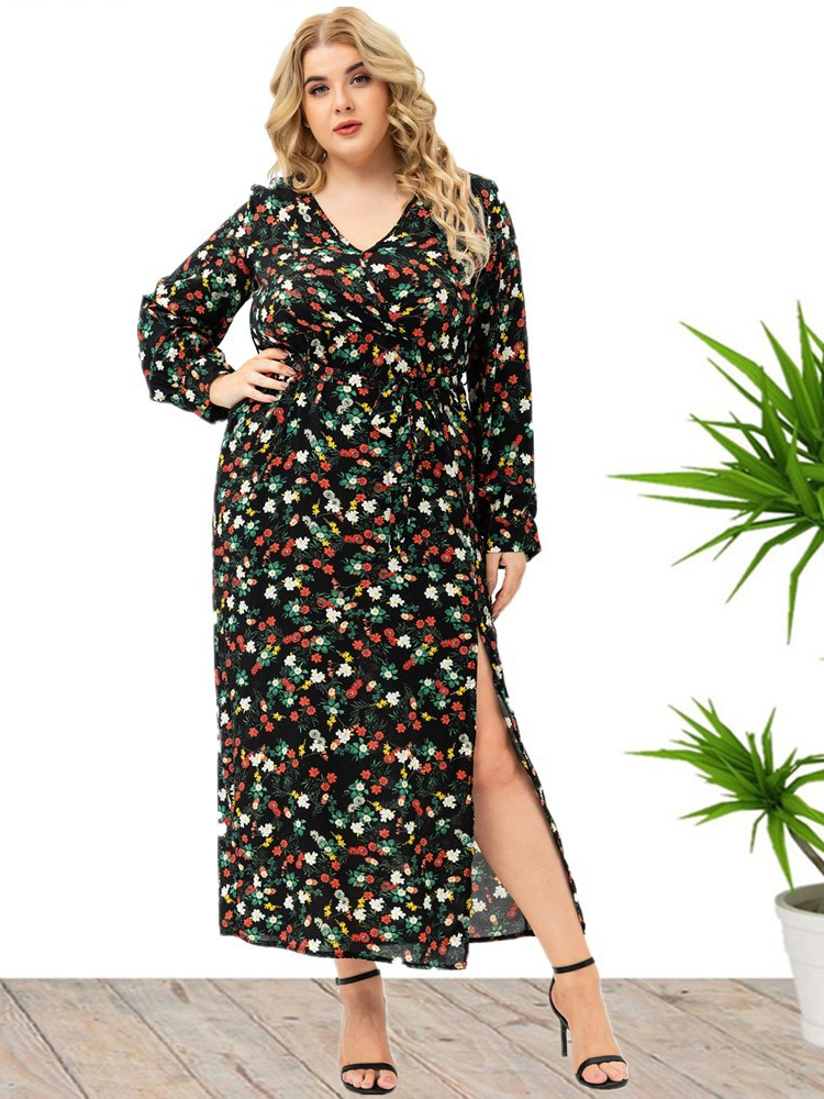 2022 Fall New Plus Size Long Sleeve Floral High Slit Women’s Boho V-Neck Tie Sexy Long Dress for Beach Party Leisure Vacation alx