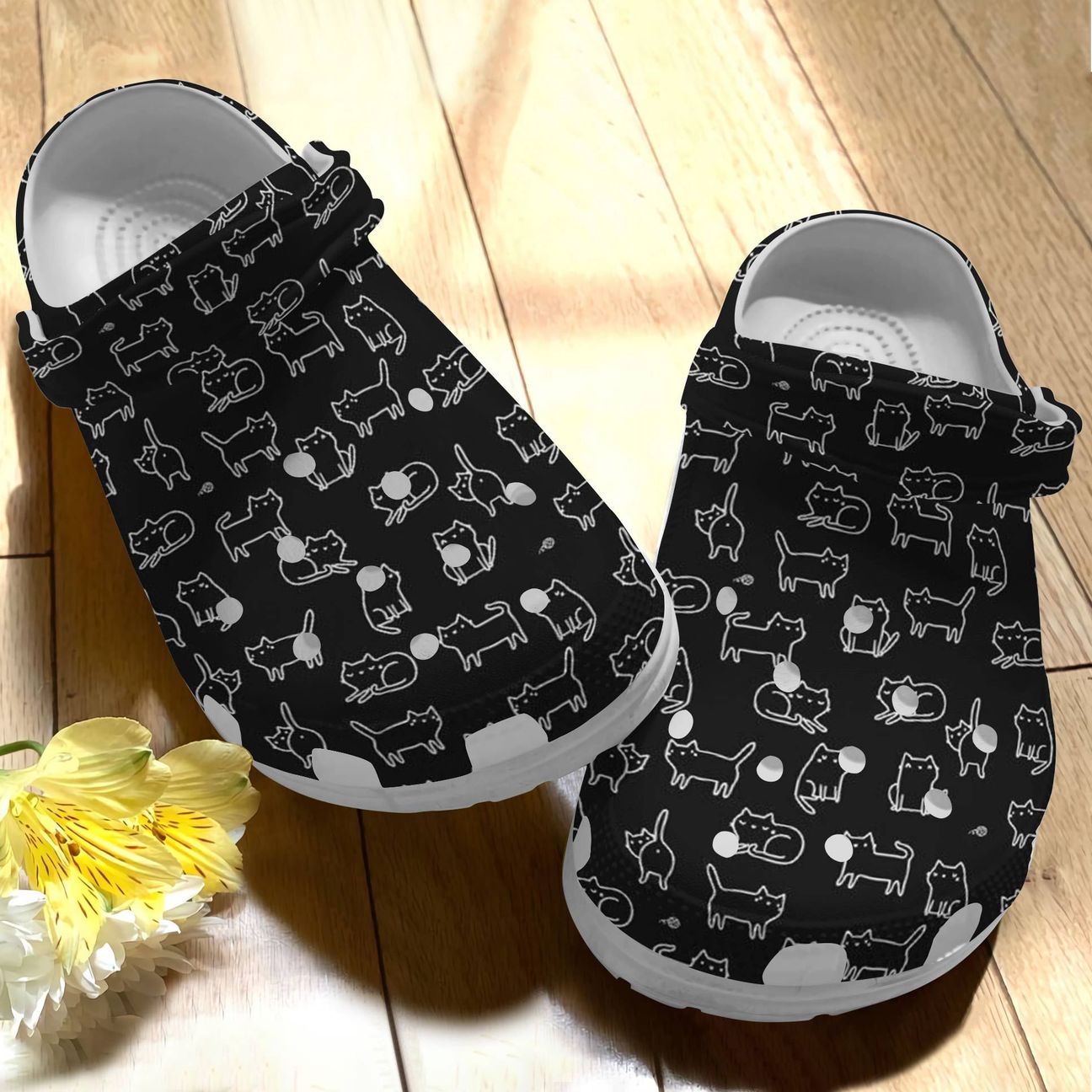 Cat Personalize Clog, Custom Name, Text, Fashion Style For Women, Men, Kid, Print 3D Whitesole Black Cat Pattern