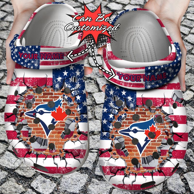 Baseball Personalized TBlue Jays American Flag Breaking Wall Clog Shoes