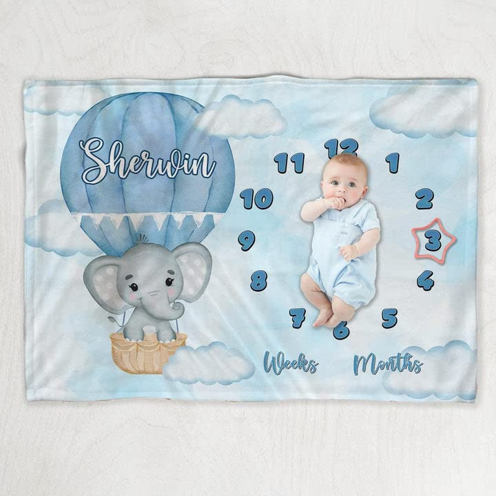 Blue Elephant Milestone Blanket For Baby Boy, Watch Me Grow Blanket, Nursery Blanket, Blanket For Newborn